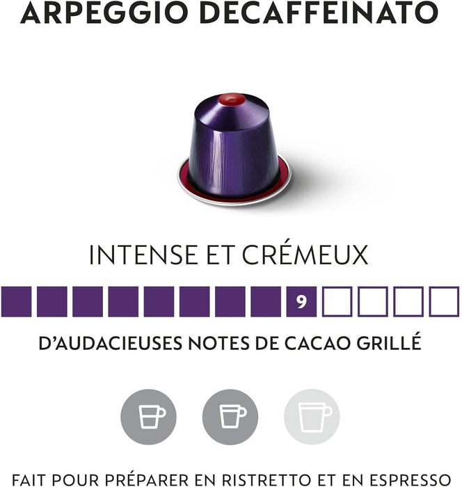Nespresso Arpeggio Decaffeinato, Pack de 100 Cápsulas Original. Café Descafeinado Intenso y Cremoso con notas de cacao. Intensidad 9/13, tueste oscuro y breve. Nespresso - detalle