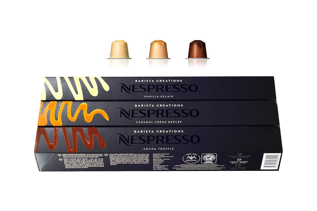 Nespresso Barista Creations Pack Degustación de 30 Cápsulas OriginalLine. Descubre los 3 cafés aromatizados más golosos: Vainilla, Caramelo y Chocolate. Nespresso - frontal