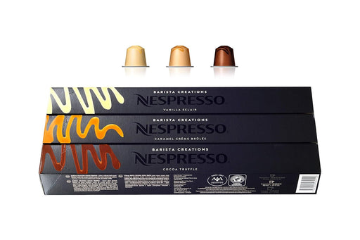 Nespresso Barista Creations Pack Degustación de 30 Cápsulas OriginalLine. Descubre los 3 cafés aromatizados más golosos: Vainilla, Caramelo y Chocolate. Nespresso - frontal