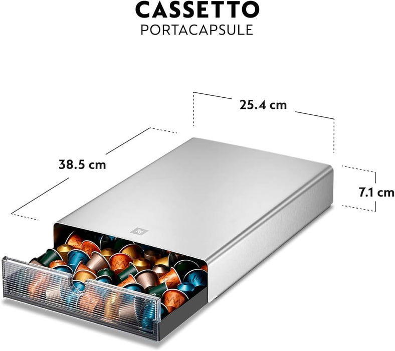 Nespresso Drawer Display, Dispensador de Cápsulas en Cajón de Acero Inoxidable. Almacena y organiza hasta 60 cápsulas Original o 44 Vertuo bajo tu cafetera, optimizando el espacio con elegancia. Nespresso - detalle