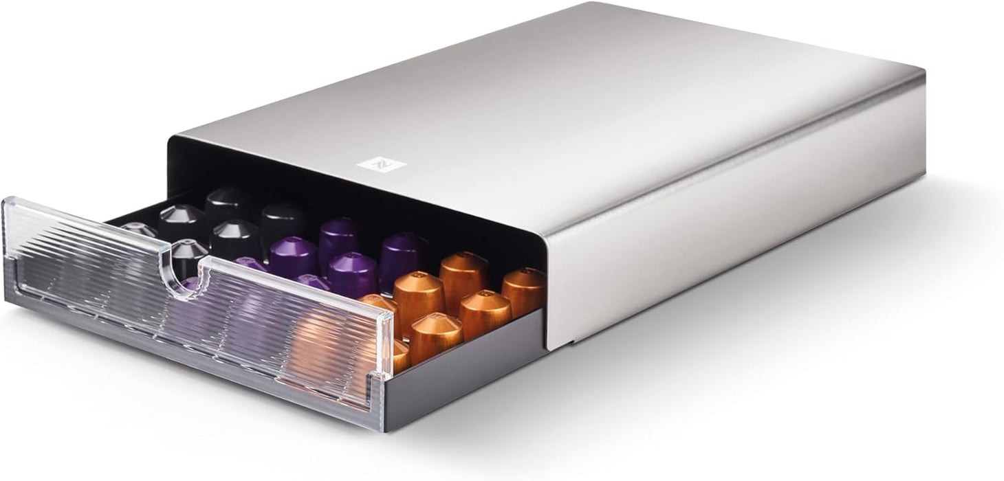 Nespresso Drawer Display, Dispensador de Cápsulas en Cajón de Acero Inoxidable. Almacena y organiza hasta 60 cápsulas Original o 44 Vertuo bajo tu cafetera, optimizando el espacio con elegancia. Nespresso - presentacion