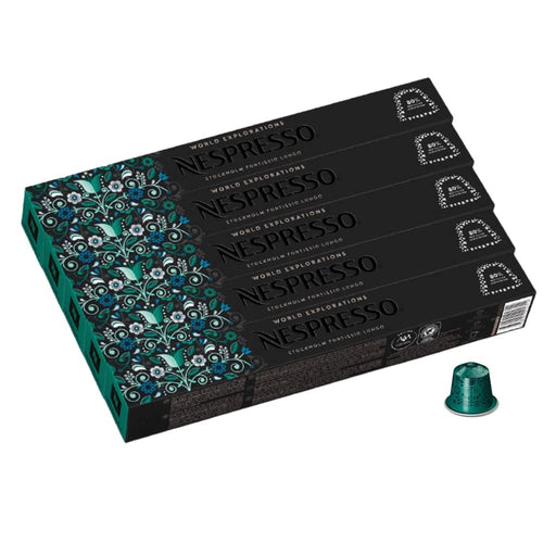 Nespresso Fortissio Lungo Pack de 50 Cápsulas de Café OriginalLine. Un café largo, rico e intenso con notas de cereal dulce y malta. Intensidad 8. Sin conservantes. Nespresso - frontal