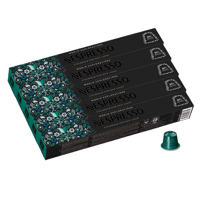 Nespresso Fortissio Lungo Pack de 50 Cápsulas de Café OriginalLine. Un café largo, rico e intenso con notas de cereal dulce y malta. Intensidad 8. Sin conservantes. Nespresso - frontal