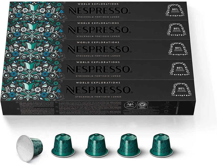 Nespresso Fortissio Lungo Pack de 50 Cápsulas de Café OriginalLine. Un café largo, rico e intenso con notas de cereal dulce y malta. Intensidad 8. Sin conservantes. Nespresso - pack