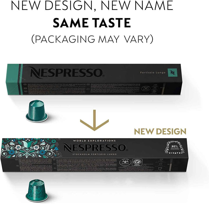 Nespresso Fortissio Lungo Pack de 50 Cápsulas de Café OriginalLine. Un café largo, rico e intenso con notas de cereal dulce y malta. Intensidad 8. Sin conservantes. Nespresso - presentacion