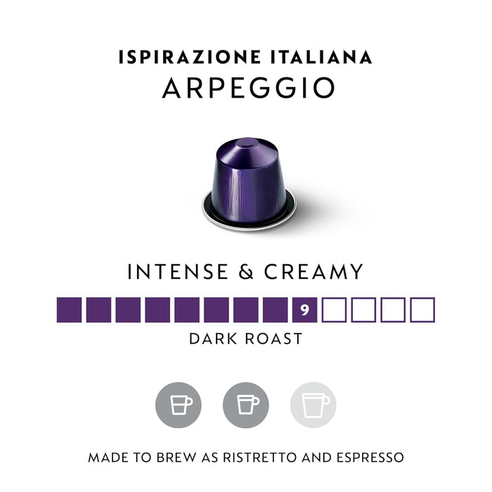 Nespresso Ispirazione Arpeggio, Pack de 50 Cápsulas de Café OriginalLine. Un espresso intenso (9/13) y cremoso con notas de cacao, inspirado en la ciudad de Florencia. Nespresso - detalle