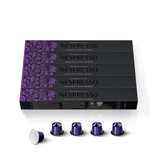 Nespresso Ispirazione Arpeggio, Pack de 50 Cápsulas de Café OriginalLine. Un espresso intenso (9/13) y cremoso con notas de cacao, inspirado en la ciudad de Florencia. Nespresso - frontal
