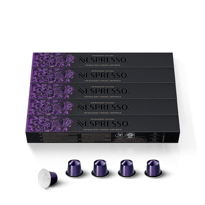 Nespresso Ispirazione Arpeggio, Pack de 50 Cápsulas de Café OriginalLine. Un espresso intenso (9/13) y cremoso con notas de cacao, inspirado en la ciudad de Florencia. Nespresso - frontal