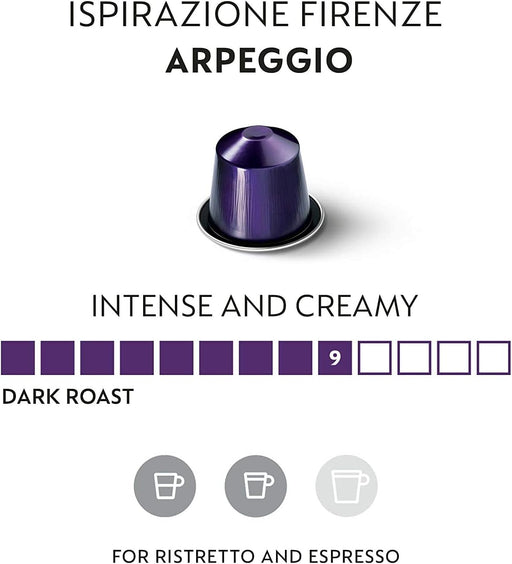 Nespresso Ispirazione Firenze Arpeggio, 40 cápsulas de café para sistema Original. Tueste oscuro e intenso (9/13) con notas de cacao y crema densa. Nespresso - pack