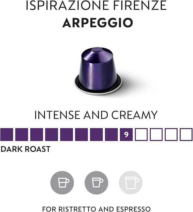 Nespresso Ispirazione Firenze Arpeggio, 40 cápsulas de café para sistema Original. Tueste oscuro e intenso (9/13) con notas de cacao y crema densa. Nespresso - pack