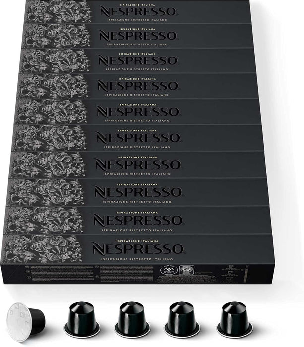 Nespresso Ispirazione Ristretto Italiano, Pack de 100 Cápsulas OriginalLine. Un café intenso (10/13), potente y contrastado, con notas afrutadas y tostadas. Nespresso - frontal