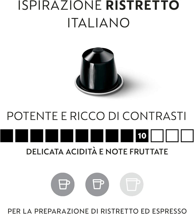 Nespresso Ispirazione Ristretto Italiano, Pack de 100 Cápsulas OriginalLine. Un café intenso (10/13), potente y contrastado, con notas afrutadas y tostadas. Nespresso - presentacion