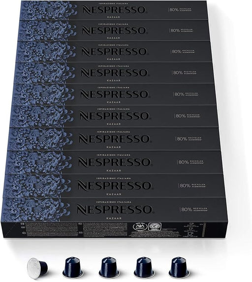 Nespresso Kazaar, Pack de 100 Cápsulas Originales de café muy intenso y cremoso. Perfil aromático especiado y notas a pimienta. Intensidad 12 sobre 13. Nespresso - frontal
