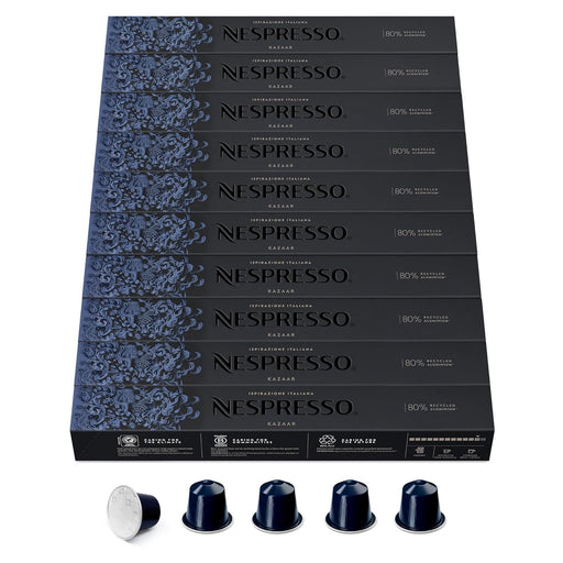 Nespresso Kazaar, Pack de 100 Cápsulas Originales de café muy intenso y cremoso. Perfil aromático especiado y notas a pimienta. Intensidad 12 sobre 13. Nespresso - pack