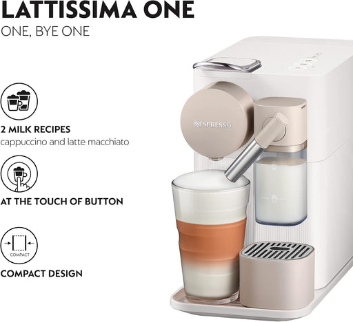 Nespresso Lattissima One Evo, Cafetera de Cápsulas Monodosis Blanca. Prepara cappuccinos y lattes con leche fresca y un solo toque. Tu barista personal en un diseño compacto y elegante. Nespresso - pack