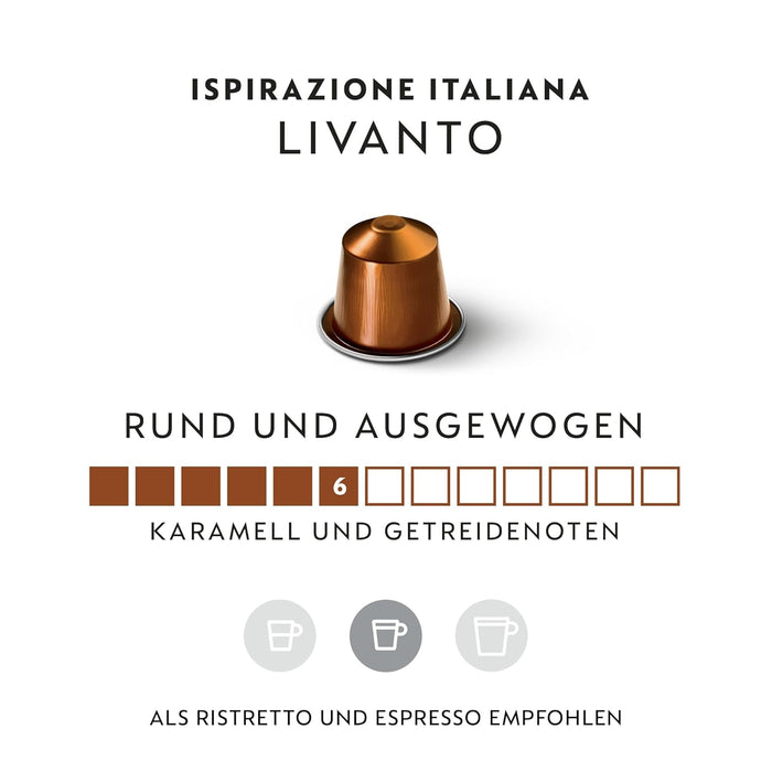 Nespresso Livanto, Pack de 100 Cápsulas Originales de café equilibrado. Perfil aromático redondo con notas a caramelo y cereales tostados. Intensidad 6. Nespresso - detalle