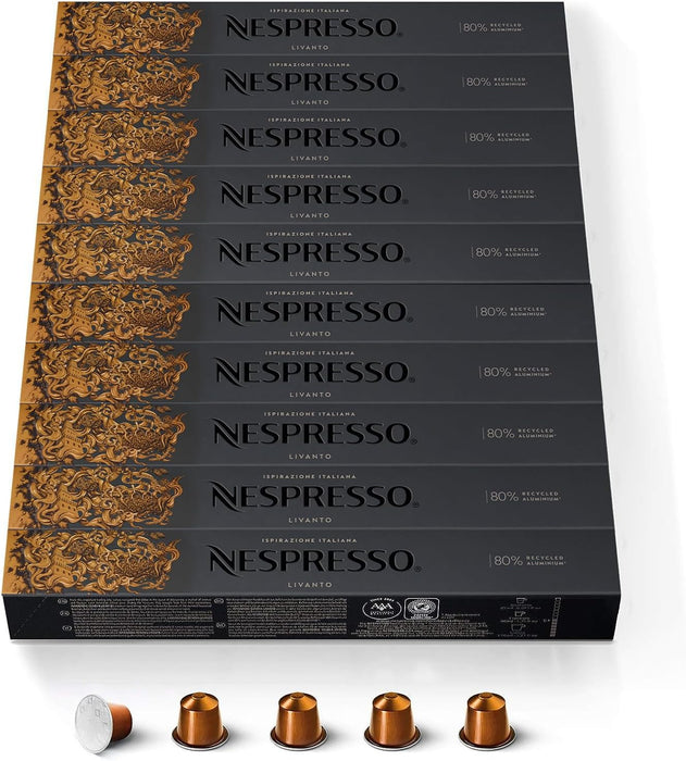 Nespresso Livanto, Pack de 100 Cápsulas Originales de café equilibrado. Perfil aromático redondo con notas a caramelo y cereales tostados. Intensidad 6. Nespresso - frontal