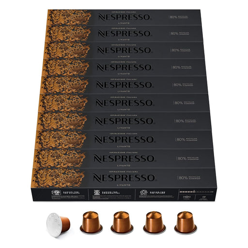 Nespresso Livanto, Pack de 100 Cápsulas Originales de café equilibrado. Perfil aromático redondo con notas a caramelo y cereales tostados. Intensidad 6. Nespresso - pack