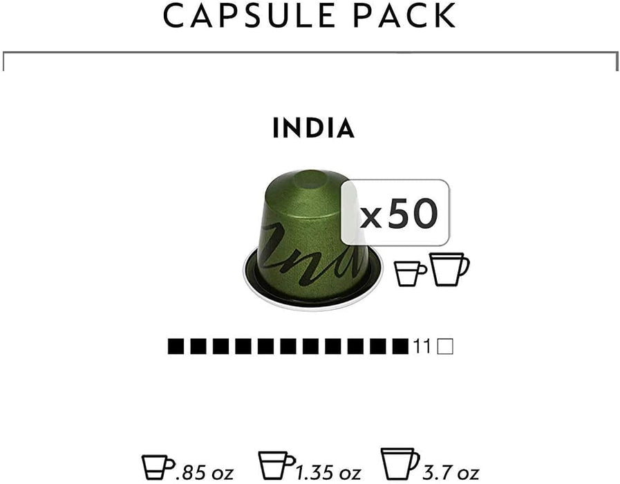 Nespresso Master Origin India, Pack de 10 Cápsulas OriginalLine. Un café intenso y especiado con Robusta Monzónico, de cuerpo denso y potente. Intensidad 11 de 13. Nespresso - ingredientes