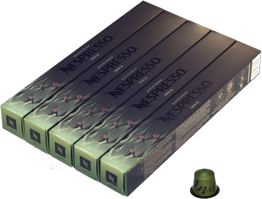 Nespresso Master Origin India, Pack de 10 Cápsulas OriginalLine. Un café intenso y especiado con Robusta Monzónico, de cuerpo denso y potente. Intensidad 11 de 13. Nespresso - pack