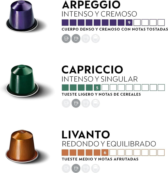 Nespresso Mega Pack Surtido de 200 Cápsulas OriginalLine (5x40). Abastécete con tus favoritos: Arpeggio, Capriccio, Livanto, Roma y Ristretto. Nespresso - lateral