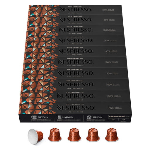 Nespresso Original Cape Town Lungo en pack de 100 cápsulas. Un café intenso de tueste oscuro compatible con cafeteras Nespresso Original, con notas amaderadas y especiadas. Nespresso - frontal