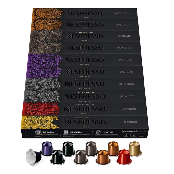 Nespresso Original Ispirazione Italiana Pack de 100 Cápsulas, Surtido de cafés intensos Espresso y Lungo, Tuestes medios a oscuros, Compatible con Cafeteras Original Nespresso - frontal