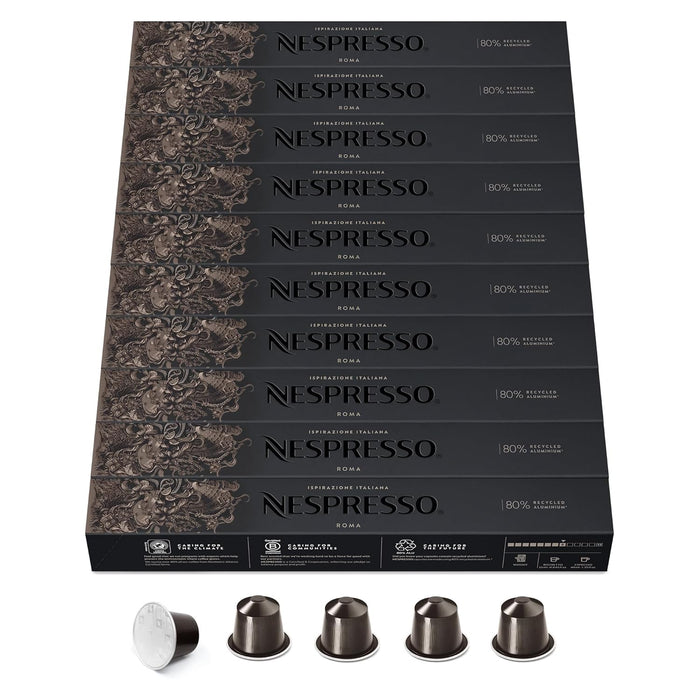 Nespresso Original Ispirazione Roma Pack Ahorro 100 Cápsulas, Café Equilibrado con Notas Amaderadas y de Cereal, Tueste Medio, Compatible con Cafeteras Original Nespresso - frontal