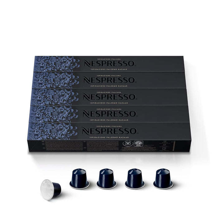 Nespresso Original Kazaar Pack 50 Cápsulas de Café. El café más potente de la gama (Intensidad 12), cremoso, especiado y con un potente amargor. Para cafeteras del sistema OriginalLine. Nespresso - presentacion