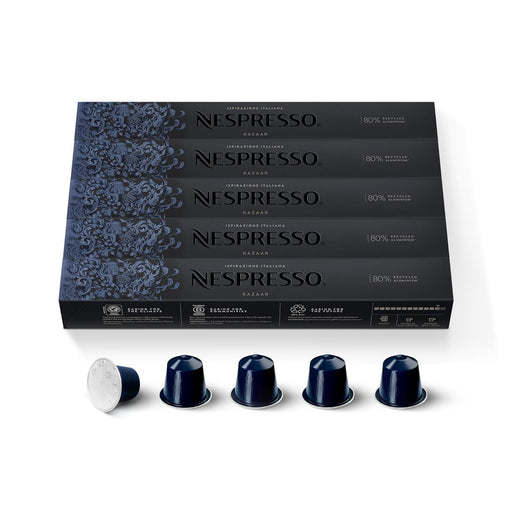 Nespresso Original Kazaar Pack 50 Cápsulas de Café. El café más potente de la gama (Intensidad 12), cremoso, especiado y con un potente amargor. Para cafeteras del sistema OriginalLine. Nespresso - frontal
