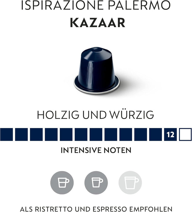 Nespresso Original Kazaar Pack 50 Cápsulas de Café. El café más potente de la gama (Intensidad 12), cremoso, especiado y con un potente amargor. Para cafeteras del sistema OriginalLine. Nespresso - ingredientes