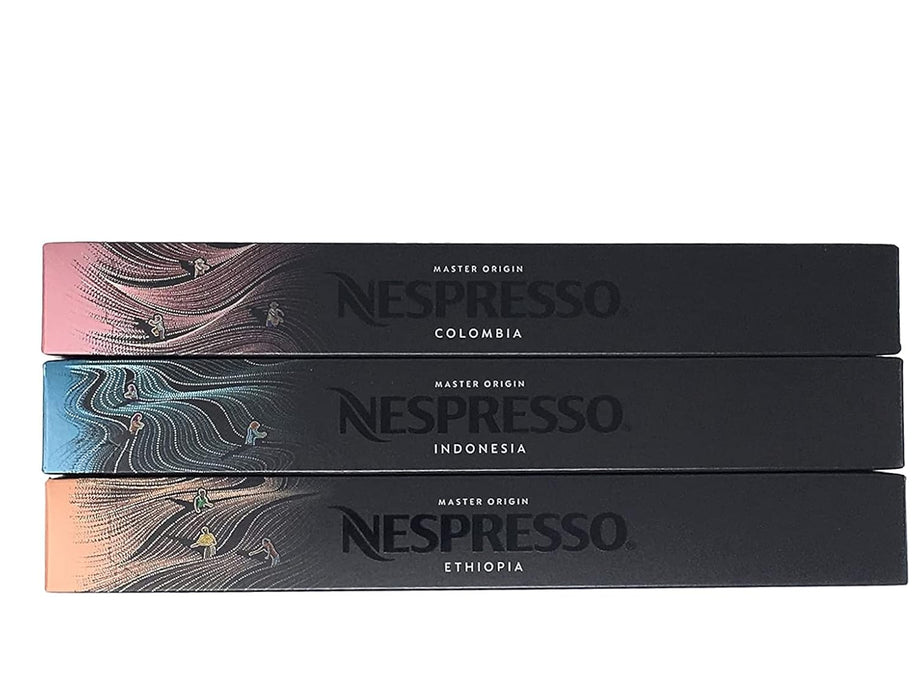 Nespresso Original Master Origins Pack, un surtido de 30 cápsulas que te lleva de viaje por Indonesia, Colombia y Etiopía a través de sus cafés Lungo de origen único. Nespresso - frontal