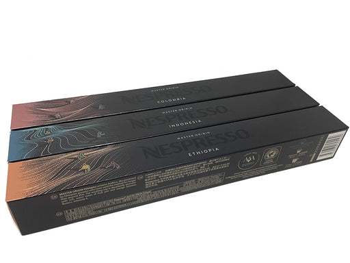 Nespresso Original Master Origins Pack, un surtido de 30 cápsulas que te lleva de viaje por Indonesia, Colombia y Etiopía a través de sus cafés Lungo de origen único. Nespresso - pack