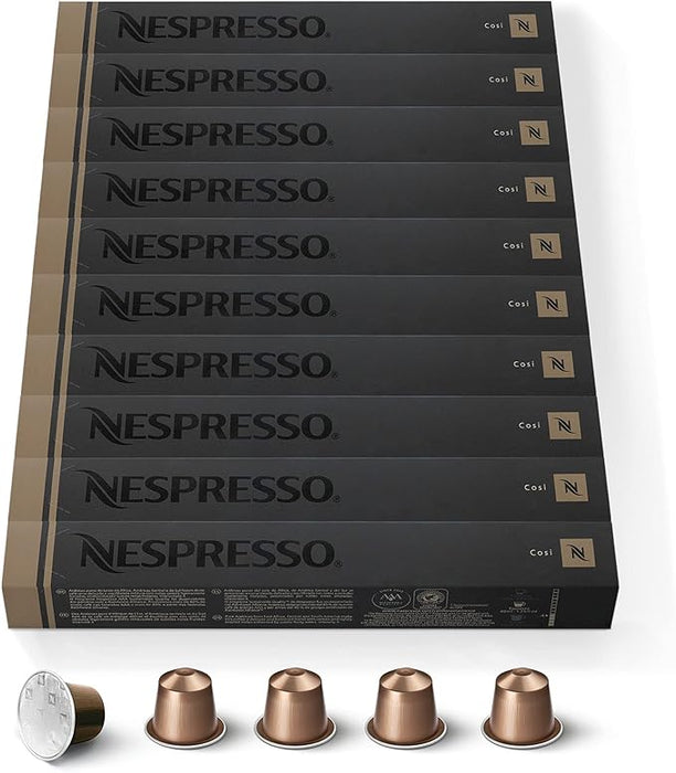 Nespresso Original Pack de 100 Cápsulas Cosi, un café espresso de tueste ligero e intensidad 4, con un carácter delicado y refrescante con notas a cereal y fruta. Nespresso - frontal