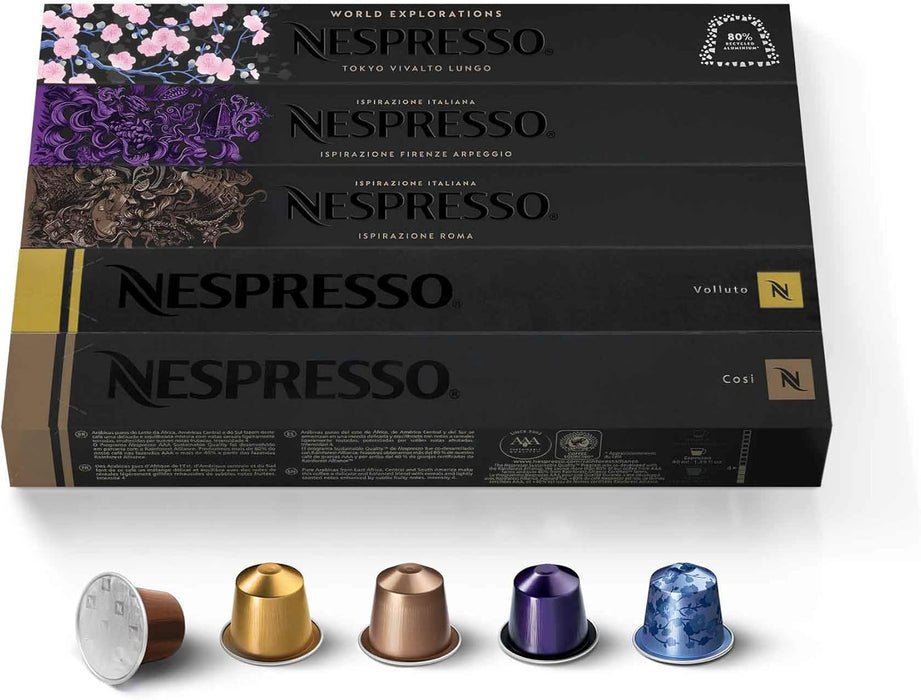 Nespresso Original Pack de 50 Cápsulas Surtidas, una selección equilibrada con 10 Roma, 10 Arpeggio, 10 Volluto, 10 Cosi y 10 Tokyo Lungo para todos los gustos. Nespresso - detalle