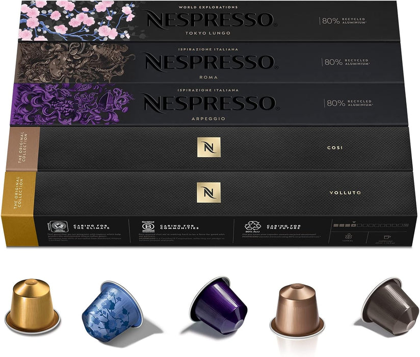 Nespresso Original Pack de 50 Cápsulas Surtidas, una selección equilibrada con 10 Roma, 10 Arpeggio, 10 Volluto, 10 Cosi y 10 Tokyo Lungo para todos los gustos. Nespresso - frontal