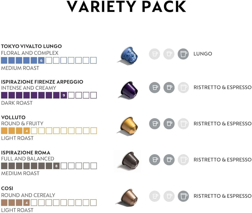 Nespresso Original Pack de 50 Cápsulas Surtidas, una selección equilibrada con 10 Roma, 10 Arpeggio, 10 Volluto, 10 Cosi y 10 Tokyo Lungo para todos los gustos. Nespresso - ingredientes