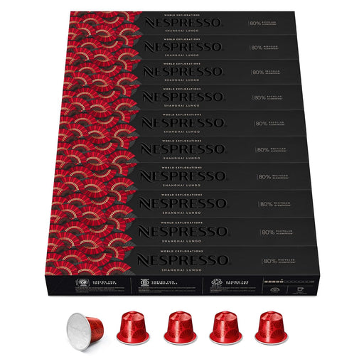 Nespresso Original Shanghai Lungo en pack de 100 cápsulas. Un café de tueste claro y notas afrutadas, compatible con cafeteras Nespresso Original para una experiencia única. Nespresso - frontal