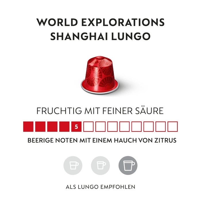 Nespresso Original Shanghai Lungo en pack de 100 cápsulas. Un café de tueste claro y notas afrutadas, compatible con cafeteras Nespresso Original para una experiencia única. Nespresso - pack