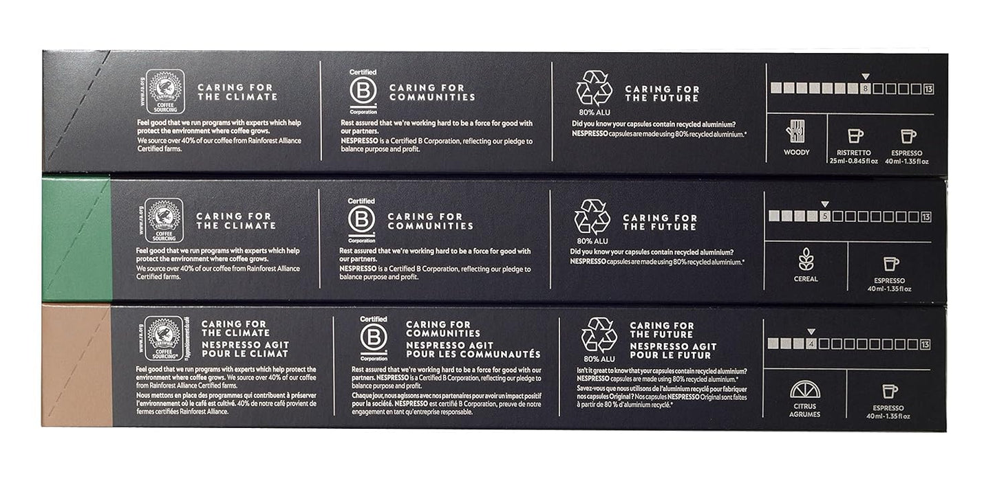 Nespresso Original Trio Pack de 30 Cápsulas, una selección de cafés equilibrados con 10x Roma, 10x Cosi y 10x Capriccio, ideal para los amantes del espresso clásico. Nespresso - detalle