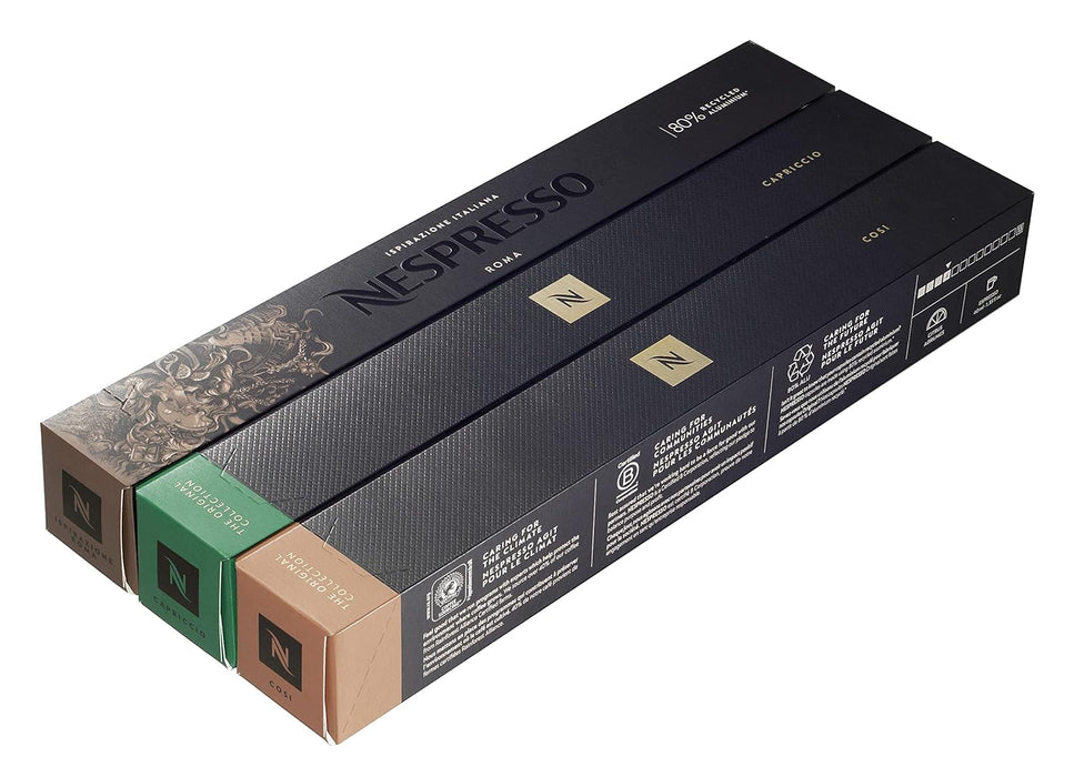 Nespresso Original Trio Pack de 30 Cápsulas, una selección de cafés equilibrados con 10x Roma, 10x Cosi y 10x Capriccio, ideal para los amantes del espresso clásico. Nespresso - pack