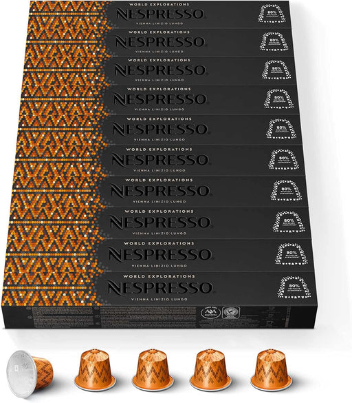 Nespresso Original Vienna Lungo Pack Ahorro 100 Cápsulas, Café Largo y Equilibrado con Notas a Cereal, Tueste Medio, World Explorations, Compatible con Cafeteras Original Nespresso - frontal