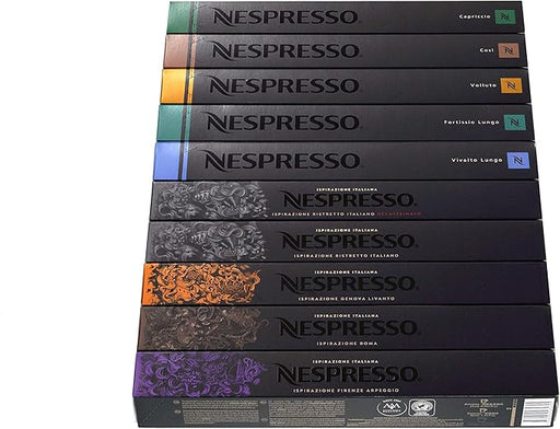 Nespresso Pack Surtido de 100 Cápsulas de Café OriginalLine. Descubre 10 variedades icónicas, desde Ristretto a Lungo, con intensidades de 4 a 10. (No compatible con Vertuo). Nespresso - frontal