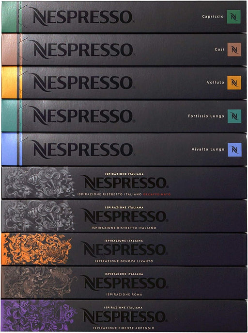 Nespresso Pack Surtido de 100 Cápsulas de Café OriginalLine. Descubre 10 variedades icónicas, desde Ristretto a Lungo, con intensidades de 4 a 10. (No compatible con Vertuo). Nespresso - pack