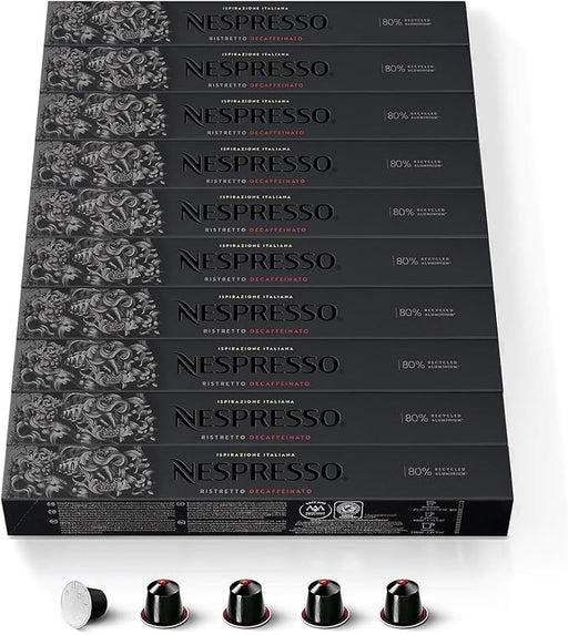 Nespresso Ristretto Descafeinado, Pack 100 Cápsulas Originales de café intenso y rico en contrastes sin cafeína. Intensidad 10 sobre 13. Nespresso - frontal