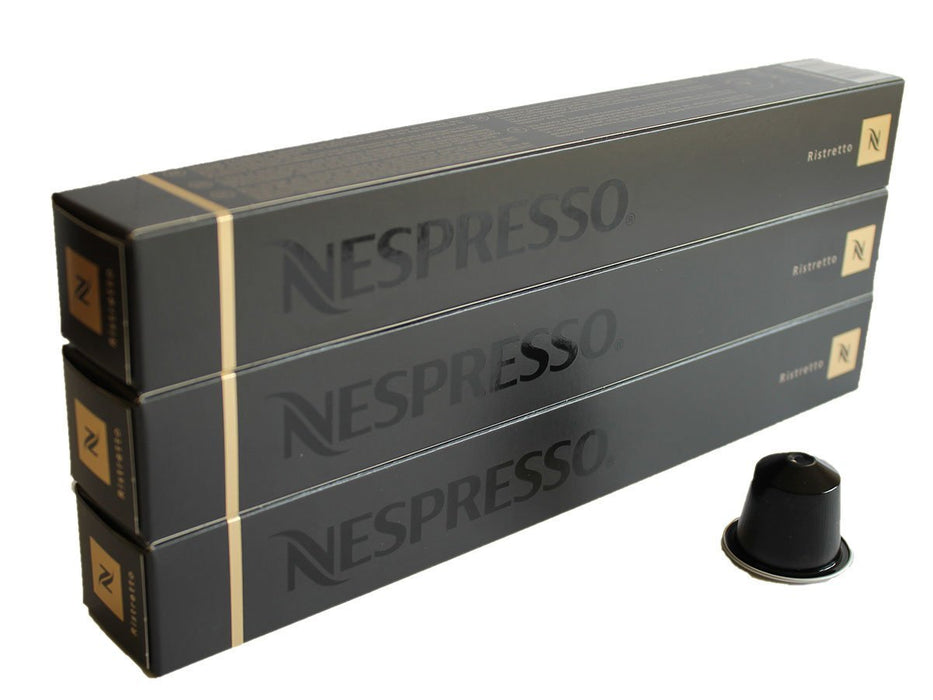 Nespresso Ristretto Pack de 30 Cápsulas de Café OriginalLine. Un espresso potente y contrastado con notas afrutadas y tostadas. Intensidad 10. (No compatible con Vertuo). Nespresso - frontal