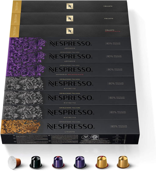 Nespresso Selección Equilibrada, Surtido de 100 Cápsulas Original con variedades con y sin cafeína. Incluye Arpeggio, Ristretto, Volluto y Livanto. Intensidades 4-10. Nespresso - frontal