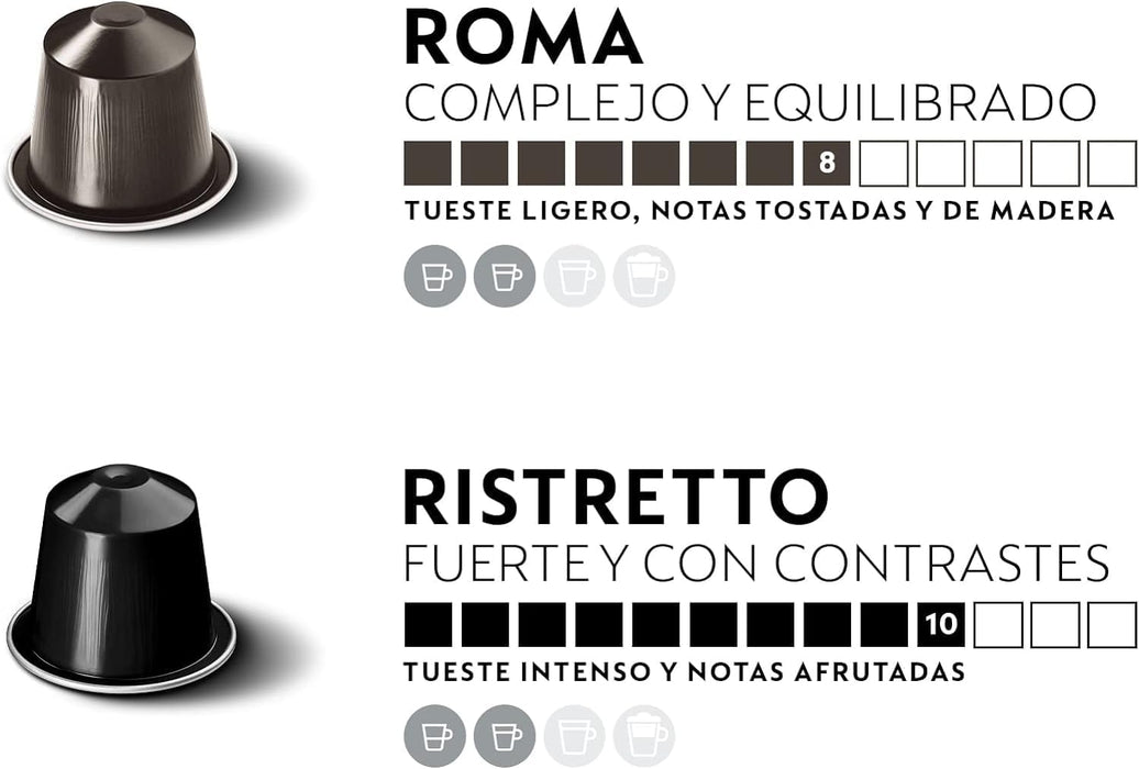 Nespresso Surtido Intenso de 100 Cápsulas de Café OriginalLine (5x20). Un pack con 5 de las variedades más icónicas: Arpeggio, Capriccio, Livanto, Roma y Ristretto. Nespresso - presentacion