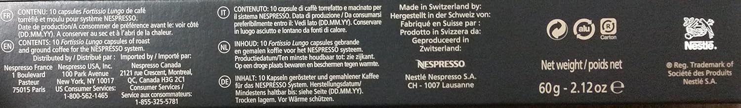 Nespresso Surtido Lungo, Pack de 50 Cápsulas de Café OriginalLine. Una selección con 5 variedades de cafés largos, desde los más suaves hasta los más intensos. Nespresso - ingredientes