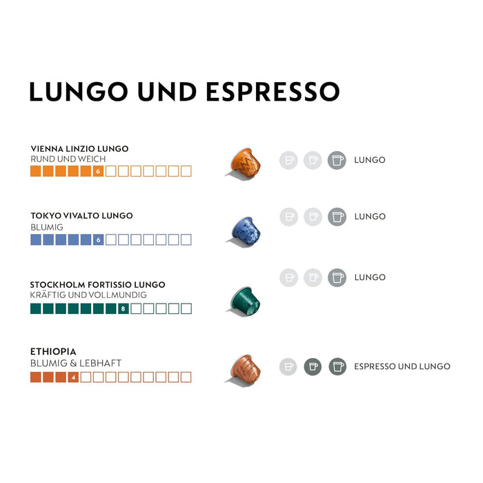 Nespresso Surtido Lungo, Pack de 50 Cápsulas de Café OriginalLine. Una selección con 5 variedades de cafés largos, desde los más suaves hasta los más intensos. Nespresso - presentacion